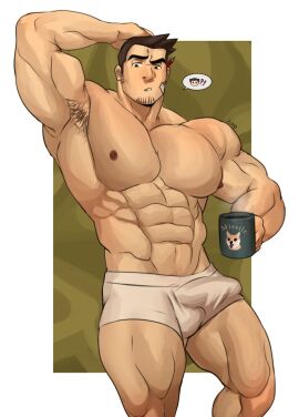 bara big_breasts big_pecs boner boner_in_underwear boner_under_clothes breasts dick_gumshoe erection erection_under_clothes erection_under_underwear gyakuten_saiban holding_cup holding_object jloid male male_only muscular muscular_male solo solo_focus solo_male underwear underwear_only yaoi