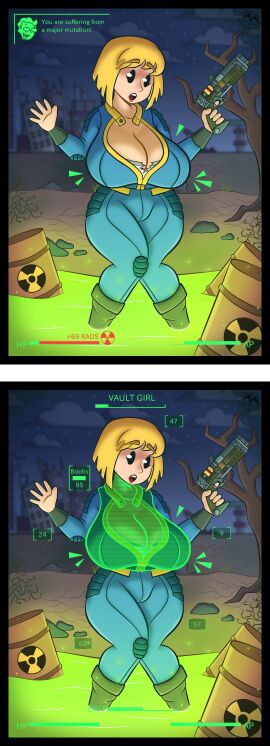 1girls apocalypse big_breasts blonde_hair breast_expansion breast_growth breast_growth_(enlargement) breasts clothing fallout female firearm footwear gameplay_mechanics gui gun handgun health_bar human jumpsuit laser_gun laser_pistol lonely-labs mob_face mutation pale_skin radiation standing surprised vault_dweller vault_girl vault_suit wasteland weapon