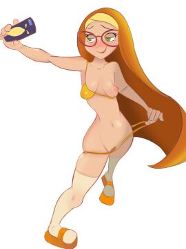 1girls 2d 2d_(artwork) big_hero_6 bra breasts disney divale female female_only glasses green_eyes honey_lemon long_hair marvel marvel_comics nipples orange_hair panties phone pixar pubic_hair selfie small_breasts solo taking_selfie white_background