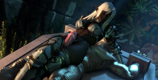 1boy 1girls animated breasts dark-skinned_female dark_skin dungeons_and_dragons elf elf_ears elf_female elf_girl elf_swordmaster femdom kaminakirei legs lizard lizard_humanoid lizardman luna_(kaminakirei) original penis scales scalie source_filmmaker tagme thigh_sex thighs video