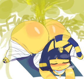 animal_crossing ankha ankha_(animal_crossing) cat cat_ears cat_tail closed_eyes egyptian fart farting furry novacartridge_(artist) wrappings yellow_body