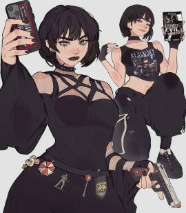 1girls abs albert_wesker alt_girl alternative_fashion ashley_graham baggy_clothing black_clothing black_hair black_lipstick black_nails blue_eyes boots breasts capcom choker chris_redfield female fingerless_gloves fishnets girl_who_is_obsessed_with goth goth_girl gothic gothic_girl gothic_lolita gothified keychain light-skinned_female light_skin lipstick midriff moushley nail_polish original_character piercing piercings resident_evil resident_evil_2 resident_evil_3 resident_evil_4 resident_evil_5 runny_makeup selfie short_hair slim_waist small_breasts smug smug_face spiked_collar tank_top toned toned_female weapon yoracrab