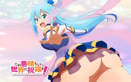 1girls :d aqua_(konosuba) ass ass_crack ass_focus background bare_ass bare_legs big_ass blue_dress blue_eyes blue_hair blue_skirt bottomless breasts bubble_ass bubble_butt butt_crack buttocks detached_sleeves dress female female_only foreshortening goddess huge_ass kono_subarashii_sekai_ni_shukufuku_wo! large_ass legs long_hair looking_at_viewer looking_back miniskirt no_panties official_art open_mouth ponytail round_ass sideboob single_hair_ring skirt smile solo wallpaper young young_female
