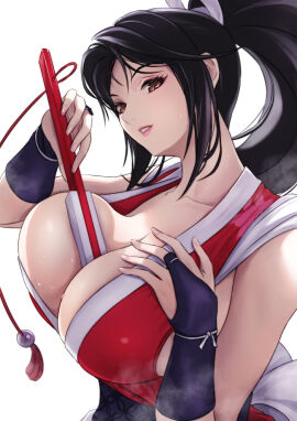 1girls alternate_hair_color between_breasts black_hair breasts brown_eyes cleavage ema_(emaura) fatal_fury female female_focus hand_fan holding holding_fan large_breasts lips long_hair mai_shiranui no_bra parted_lips ponytail smile snk solo the_king_of_fighters