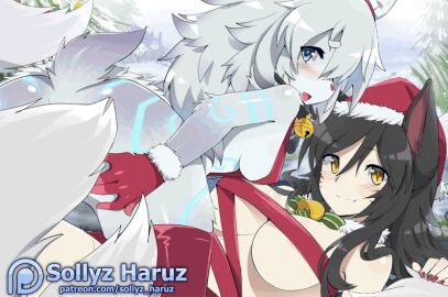 2girls :o ahri animal_ears artist_name bell blue_eyes blush body_fur breasts brown_hair covered_nipples female female_only fox_ears furry furry_female grey_hair hat kindred lamb_(league_of_legends) large_breasts league_of_legends long_hair medium_breasts multiple_females multiple_girls nail_polish neck_bell oerba_yun_fang orange_eyes red_hat red_nails red_thighhighs riot_games santa_hat sheep_ears sheep_tail slit_pupils sollyz tail thighhighs