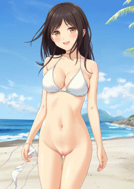 1girls beach belly_button bikini black_hair bottomless breasts collarbone female gold_eyes holding_bikini_bottom looking_at_viewer medium_breasts mountain n.g. ocean open_mouth original original_character palm_tree petite pussy skinny slim smiling_at_viewer standing thick_thighs white_bikini wide_hips