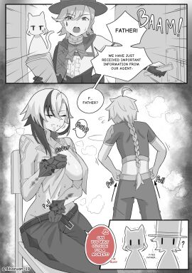 2boys 2girls 2koma ? aether_(genshin_impact) after_fellatio after_oral after_sex ahoge akazuan_19 androgynous anger_vein arlecchino_(genshin_impact) artist_name back black_hair bowtie braid breasts caught closed_eyes collarbone cum disheveled dressing english_text facial female frills from_behind genshin_impact greyscale hair_between_eyes hat hi_res holding_object implied_sex large_breasts lynette_(genshin_impact) lyney_(genshin_impact) male medium_hair monochrome motion_lines no_bra open_clothes pants_pull paper sitting sleeveless speech_bubble straight stray_pubic_hair streaked_hair swallowing swallowing_cum sweat top_hat twitter_username two-tone_hair white_hair