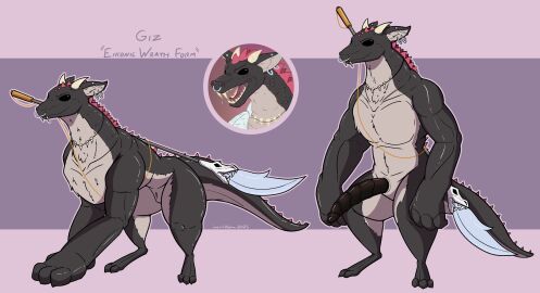 absurd_res big_arms big_penis black_body black_eyes black_penis black_sclera dragon drooping_penis ear_piercing facial_piercing fangs genitals giz_(impishhyena) guandao hi_res horn impishhyena long_penis male multiple_piercings mythological_creature mythological_scalie mythology nose_piercing penis penis_slit piercing pink_spikes ridged_penis scalie semi-anthro sharp_teeth solo tail teeth weapon weapon_on_shoulder