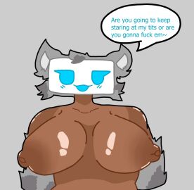 african_female big_breasts blue_eyes blue_mouth breasts brown_skin cat_ears cat_girl cat_tail catgirl dialogue female furry furry_female furry_only grey_fur huge_boobs huge_breasts neko nipple_outline nipples nipples_out original original_character screen_face sl33py_demon text tits_out tizzy_(sl33py_demon) tv tv_head