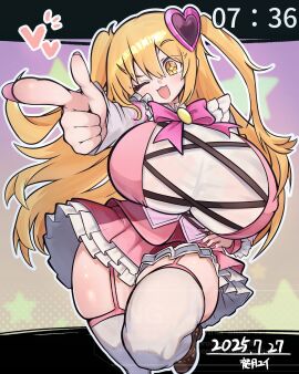 1girls :3 artist_name blonde_hair breasts dated don_quixote_(limbus_company) eyebrows_visible_through_hair female female_only garter_belt garter_straps gigantic_breasts hair_ornament heart_hair_ornament huge_breasts limbus_company magical_girl massive_breasts one_eye_closed one_leg_up painted_nails project_moon shoes skirt smile solo star-shaped_pupils symbol-shaped_pupils tdragono_1011 thick_thighs thighhighs wink yellow_eyes