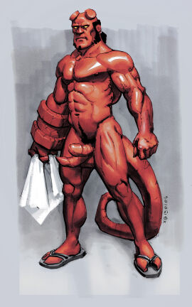 balls bara boner demon diphallia diphallism erection facial_hair hellboy hellboy_(series) male male_only multi_genitalia multi_penis muscles muscular muscular_male naked_footwear nude penis sandals sandals_only shaved_horns sideburns solo solo_male tail xeroboys yaoi