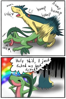 anal anal_sex anthro barnim_the_grovyle blue_body blue_fur blush brand_the_typhlosion comic dialogue digital_media_(artwork) doggy_style duo embarrassed english_text from_behind_position fur generation_2_pokemon generation_3_pokemon green_body grovyle hi_res leaf leaf_hair leaf_tail macro710 male male/male multicolored_body multicolored_fur nintendo penetration plant plant_hair pokemon pokemon_(species) profanity pseudo_hair rainbow red_body semi-anthro sex smile sound_effects tail text thatweirdguy thought_bubble traumatized two-tone_body two-tone_fur typhlosion yellow_body yellow_fur