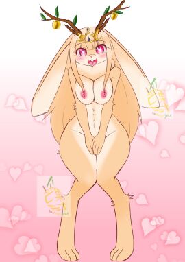 1girls 2d 2d_(artwork) anthro anthro_only anthrofied apple artist_name bamangojuice big_ears blush blushing blushing_at_viewer blushing_female burlywood_fur burlywood_hair crown crown_only curvy curvy_female curvy_figure curvy_thighs english_text eyebrows eyebrows_visible_through_hair eyelashes eyelashes_visible_through_hair female female_focus female_only fur furry furry_female furry_only gem golden_apple hair headwear headwear_only heart heart-shaped_pupils heart_background heart_eyes hi_res highres leaf long_ears long_hair looking_at_viewer manalope_(bamangojuice) monster_girl mouth_open multicolored_background multicolored_fur multicolored_text naked naked_female nose nude nude_female original original_character original_characters pink-eyed_female pink_background pink_eyes pink_mouth pink_nipples pink_nose rabbit rabbit_ears rabbit_girl rabbit_humanoid rabbit_teeth solo solo_female solo_focus tagme teeth text thick_thighs thighs tongue tree_horns white_fur