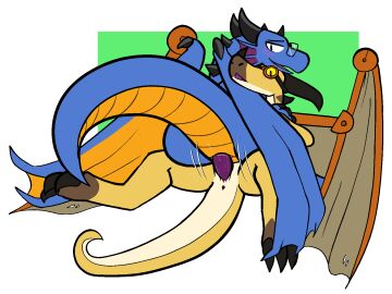 3_toes 4:3 alpha_channel animal_genitalia anthro anthro_on_anthro anus blue_body blue_scales blush brown_body brown_skin cheek_fins cloaca cloacal cloacal_penetration curved_horn dragon duo eyewear feet female genitals glasses goggles green_background hi_res horn kobold leg_markings male male/female markings mechanical_wings membrane_(anatomy) membranous_wings motion_lines mythological_creature mythological_scalie mythology open_mouth open_smile orange_body orange_scales penetration penile penile_penetration penis penis_in_cloaca pink_cloaca purple_anus purple_penis scales scalie skies_(furrin_gok) smile socks_(marking) sokyran toes transparent_background trout_(artist) white_body white_skin wings yellow_body yellow_eyes yellow_skin