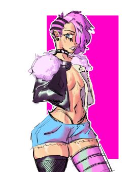 bangs blue_eyes breasts collar earrings female hair_over_one_eye hand_in_pocket jacket_open lipstick melissa_demore original original_character pink_hair shaved_side shirtless short_shorts simple_background spiked_collar tear_markings thighhighs