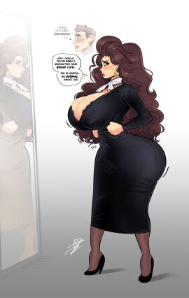 breasts brown_hair brunette_hair camille_(grumpy-tg) french_accent gender_transformation giant_breasts grumpy-tg highheels huge_ass long_hair office_lady original_character thick_ass thick_thighs tight_clothing