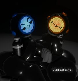 2girls 3d ass big_breasts breasts camera_view content_creator content_warning_(game) content_warning_player_(female) digidarling female hand_holding helmet huge_ass huge_breasts kneeling knees_together_feet_apart latex looking_at_viewer pressing_breasts_together smiling suit thick_thighs thigh tight_clothing tight_fit