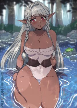 aqua_hair braid breasts cleavage dark-skinned_female dark_elf dark_skin elf elfoppai faenatical female highres large_breasts leotard long_hair partially_submerged pointy_ears red_eyes rosalinde_(unicorn_overlord) smile strapless twin_braids unicorn_overlord very_dark_skin very_long_hair wet