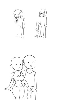 1boy 1girls angry blank_character breasts bulge chibi cleavage closed_eyes crying female holding_bulge large_breasts large_penis male meme_template navel penis penis_outline simple_background smile template unedited_template white_background wide_hips