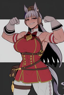 abs ai_generated ai_hands arms_up athletic athletic_female big_breasts breasts flexing gold_ship_(umamusume) horse_girl looking_at_viewer muscular muscular_female thick thick_thighs umamusume umamusume_pretty_derby