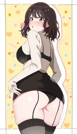 1girls absurd_res absurdres ass ass_cleavage ass_crack back bare_thighs black_bra black_garter_straps black_legwear black_leotard black_skirt black_stockings black_thighhighs blush blush_lines blushing_female bra breasts brown-eyed_female brown-haired_female brown_eyebrows brown_eyes brown_hair butt_crack dot_nose elbows eyebrows_visible_through_hair female female_focus female_only fingers garter_straps high_resolution highres hourglass_figure judynoboken legs legwear leotard light-skinned_female light_skin lips looking_at_viewer looking_back medium_breasts medium_hair mole mole_under_eye open_mouth original original_art original_artwork original_character panties parted_lips shiny_ass shiny_butt shiny_hair shiny_skin shiny_thighs short_hair shoulders sideboob simple_background skirt slender_body slender_waist slim_female slim_waist solo standing stockings thick_ass thick_thighs thighhighs thighs thin_waist underboob underwear upper_body wide_hips yellow_background