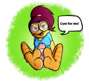 1boy 1girls avian avian_feet baggy_(artist) baggy_(character) feet female femdom foot_fetish footjob glasses imminent_cumshot imminent_orgasm male original penis ponytail pov pov_eye_contact shirt