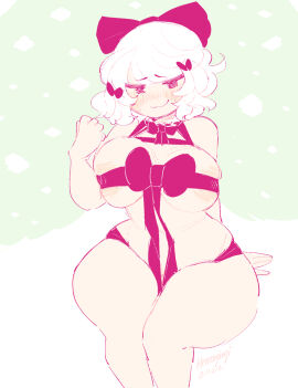 1girls :3 bed big_breasts blush bow breasts female female_focus female_only gift hair_ornament henemimi light_skin looking_at_viewer mimi_(henemimi) original red_eyes short_hair smile thick_thighs white_hair wrapped