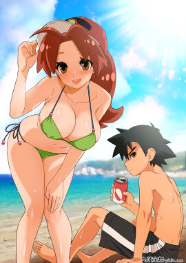armpit_crease bare_arms bare_belly bare_legs bare_shoulders bare_thighs beach belly_button bent_over big_breasts bikini blush breasts brown_eyes brown_hair cleavage coffee-break collarbone delia_ketchum_(pokemon) female green_bikini hand_on_own_knee hat long_hair mature_female milf mother_and_son nipples_visible_through_clothing outdoors parted_lips pokemon satoshi_(pokemon) shiny_skin side-tie_bikini_bottom sideboob smile standing thighs wet_body