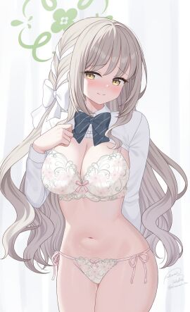 artist_name blue_archive bow bowtie bra breasts cleavage closed_mouth clothes_lift collared_shirt commentary_request female floral_print floral_print_bra floral_print_panties green_bow green_bowtie green_halo grey_hair hairbow halo highres kurumi_lm long_hair medium_breasts miyo_(blue_archive) navel panties partial_commentary print_panties shirt shirt_lift side-tie_panties signature smile solo underwear white_bow white_bra white_panties white_shirt yellow_eyes