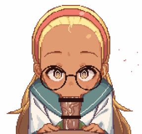 1boy 1girls animated blonde_hair blowjob brown_eyes censored clothed_female_nude_male cum cum_in_mouth cum_on_face dark-skinned_female dark_skin driftingtiger erect_penis fellatio female femsub glasses gyaru hairband hypnosis long_hair looking_at_viewer male maledom mind_control oral oral_sex original original_character penis petite pixel_animation pixel_art pov school_uniform spiral_eyes sucking sucking_penis