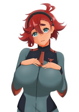 1girls 5_fingers aqua_eyes bangs blue_eyes breasts dark-skinned_female dark_skin eyebrows eyebrows_visible_through_hair female female_only fit fit_female gundam gundam_suisei_no_majo hand_on_breast headband highres huge_breasts large_breasts looking_at_viewer navel ponytail pov red_hair short_hair solo suletta_mercury tan_body tan_skin