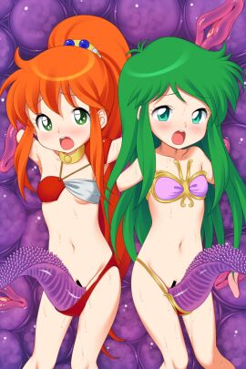 2girls armor armpits arms_up ayanokouji_rem bar_censor bare_shoulders between_thighs bikini bikini_armor bikini_pull blush cameltoe caron_(rall) censored clothes_pull commission commissioner_upload consensual_tentacles cream_lemon crossover dream_hunter_rem female fugetsu_taku green_eyes green_hair grinding groin highres long_hair monster multicolored_bikini multiple_females multiple_girls navel open_mouth orange_hair pink_bikini ponytail pussy red_bikini restrained sf_choujigen_densetsu_rall shoulder_armor side-tie_bikini_bottom skeb_commission stomach sweat swimsuit tentacle tentacle_between_legs thighs trait_connection two-tone_bikini