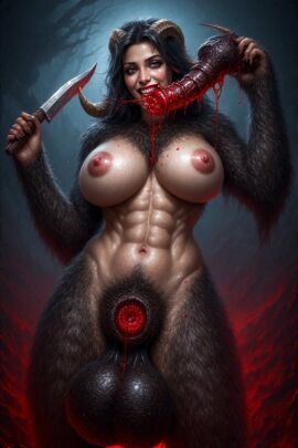 abs ai_generated autocannibalism big_balls big_breasts demon demon_girl depraved247 futanari hairy horns horsecock intersex knife muscular penectomy self_harm solo_futa