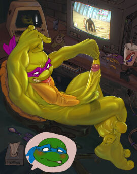 2_toes 3_fingers anthro blush blush_lines bodily_fluids condom_balloon digital_media_(artwork) donatello donatello_(tmnt) electronics feet fingers foot_focus foreskin foreskin_play foreskin_pull gaming genitals grand_theft_auto grand_theft_auto:_san_andreas hi_res incest leonardo leonardo_(tmnt) lying male male/male mask on_back penis plachinta reptile rockstar_games scalie shell smile soles sweat sweatdrop teenage_mutant_ninja_turtles teeth tmnt_2003 toes tongue tongue_out turtle uncircumcised vein veiny_penis