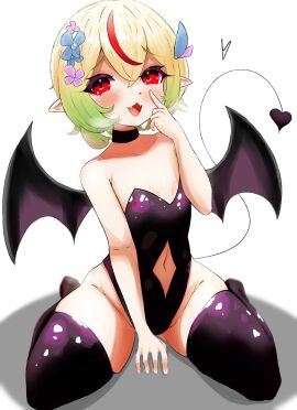 aguni bat_wings blonde_hair demon flower_in_hair heart_shaped_tail idol_corp multicolored_hair red_eyes red_hair ruby_runeheart succubus thick_thighs twintails virtual_youtuber