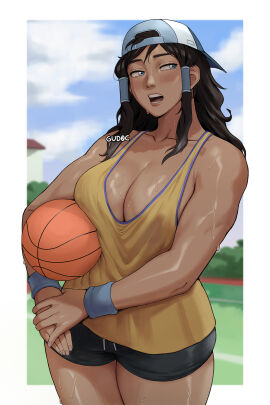 1girls alternate_universe armband armbands artist_name athletic athletic_female avatar_legends backwards_baseball_cap basketball big_breasts blue_eyes breasts brown_hair busty cap cleavage dark-skinned_female dark_skin female female_only fit fit_female gud0c hair_down hair_tubes hat huge_breasts korra large_breasts sweat sweating sweaty the_avatar the_legend_of_korra thick_thighs thighs tomboy water_tribe wristband