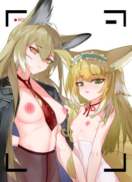 2girls animal_ears arknights artist_request breasts female mother mother_and_daughter nipple_piercing nipples no_bra older_female pant_suit pantyhose piercing suzuran_(arknights) vulpisfoglia_(arknights)