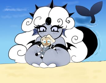 beach big_breasts black_pearl_cookie breasts cookie_run cookie_run_kingdom female female_focus flustered_male giantess lord_oyster_cookie loving_couple loving_gaze magpieredd male male/female male_on_female merfolk mermaid resting_breasts resting_on_breasts resting_on_partner size_difference