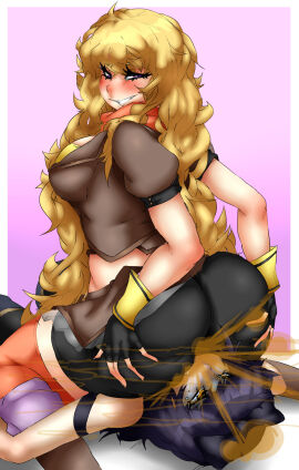 2girls ass ass_bigger_than_head ass_on_face big_ass big_butt blake_belladonna blonde_hair blush facesitting fart fart_cloud fart_fetish farting farting_in_face female fingerless_gloves gloves grabbing_own_ass lazei looking_back purple_eyes rear_view rooster_teeth rwby smile tears viewed_from_behind yang_xiao_long yuri