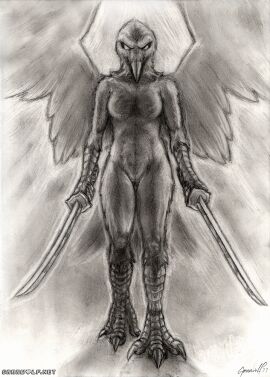 anthro avian avian_arms avian_feet beak bird breasts claws corvid corvus_(genus) dual_wielding elenora_(bahumot) feathered_wings feathers featureless_breasts feet female genitals grrrwolf holding_object holding_weapon melee_weapon non-mammal_breasts nude nude_anthro nude_female oscine passerine pussy raven scuted_arms scutes simple_background solo sword tail tail_feathers talons toes vulva weapon wings