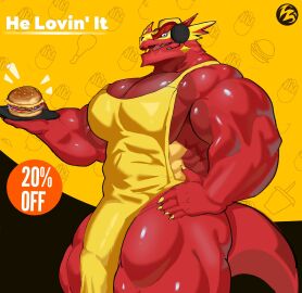 abs advertisement anthro apron apron_only bakugan balls bara big_muscles bulge claws clothing discount drago drago_(bakugan) dragon dragonoid dragonoid_(bakugan) european_mythology genitals hi_res horn male mcdonald's membrane_(anatomy) muscular muscular_anthro muscular_male mythological_creature mythological_scalie mythology pecs penis red_body scales scalie serratus simple_background solo tail text western_dragon zethan07