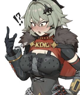 1other alohapz ambiguous_gender black_gloves blush breasts caesar_king cleavage female fur_trim gloves green_hair hand_on_own_hip highres large_breasts looking_ahead open_mouth simple_background solo_focus speech_bubble teeth upper_body v-shaped_eyebrows variant_set white_background yablofap yellow_eyes zenless_zone_zero