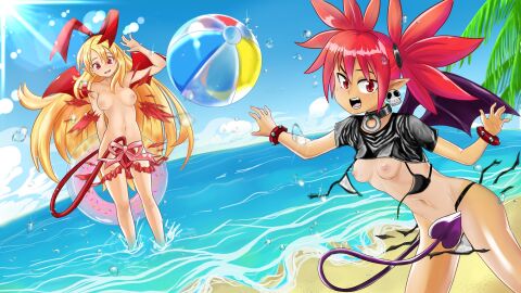 beach breasts completely_nude convenient_censoring disgaea disgaea_1 etna exposed_breasts female flonne nippon_ichi_software nude poponkannn small_breasts tan_body tan_lines wardrobe_malfunction