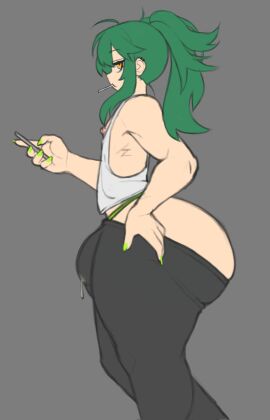 2d ass big_ass bored bored_expression femboy green_hair huge_ass leaking_precum lollipop male male_only mctamagomaki nails nipples painted_nails phone ponytail precum precum_drip precum_through_clothing revealing_clothes solo_male sweatpants tagme thong wardrobe_malfunction yellow_eyes