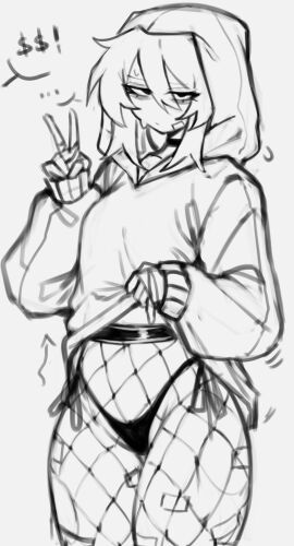 1girls breasts choker clothes clothing clothing_lift female fishnet_legwear fishnet_stockings fishnets gesture hoodie hoodie_lift implied_prostitution money monochrome original_character peace_sign prostitution shig_(shigezie) shigezie short_hair side-tie_panties small_breasts solo sweat tagme thong v