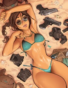 1girls 2020 arm_up armpits backpack bag beach big_breasts bikini blue_bikini braid braided_hair braided_ponytail breasts breasts_apart british british_female brown_hair brown_shorts closed_eyes crab curvaceous curvy dusk european european_female evening female female_only fingerless_gloves firearm full_lips glasses gloves gloves_removed gun guns hair_between_eyes handgun hi_res high_resolution highres holster hourglass_figure human jewelry lara_croft lara_croft_(classic) long_braid lying mature_female medium_breasts mike_nesbitt necklace oiled pink-framed_eyewear pink_lips pistol pistols ponytail reflection relaxed relaxing removed_clothing round_eyewear round_glasses sand seashell shiny shiny_skin shorts shorts_removed side-tie_bikini single_braid sleeping slender_waist slim_waist solo sunbathing sunglasses suntan sweat swimsuit tan tan_body tanned tanned_skin thick_thighs thighs tinted_eyewear tomb_raider tomb_raider_(classic) twitter twitter_link vashperado video_game video_game_character video_games weapon weapons wide_hips