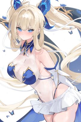 ahoge azur_lane bare_shoulders blonde_hair blue_eyes blush breasts bug butterfly butterfly_hair_ornament cg cleavage closed_mouth covered_navel cowboy_shot detached_collar detached_sleeves elbow_gloves female gloves hair_intakes hair_ornament highleg highleg_leotard large_breasts leotard long_hair looking_at_viewer massena_(azur_lane) miniskirt see-through simple_background skirt solo thighs twintails very_long_hair white_background white_gloves white_skirt