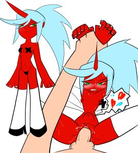 1_horn 1boy 1demon 1girls accurate_art_style accurate_body_type artstyle_imitation balls bikini blue_hair blush blush_lines bodily_fluids breasts demon demon_girl dick female female/male glasses grabbing_hands green_eyes horn horned_humanoid human kneesocks_daemon male male/female multiple_images nipples panty_&_stocking_with_garterbelt pasties penile penis penis_in_pussy pov pussy red_body red_ears red_face red_horn sex shoes small_breasts socks spread_legs vein veiny_penis white_thighhighs