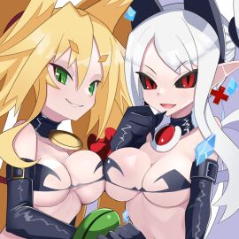 2girls alternate_breast_size black_sclera blonde_hair breasts cosplay cross_earrings crossover disgaea disgaea_rpg etna etna_(cosplay) eyebrows_visible_through_hair female female_only gloves green_eyes hi_res highres light-skinned_female light_skin makai_kingdom metallia nippon_ichi_software octpus_tako pointy_ears pram red_eyes the_witch_and_the_hundred_knight white_hair witch