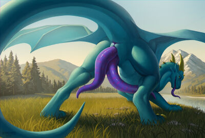 2_penises animal_genitalia anus blue_body blue_scales blue_sclera deanosaior detailed_background diphallia diphallism dragon erection feral forest forest_background genital_slit genitals grass hi_res horn male membrane_(anatomy) membranous_wings multi_genitalia multi_penis mythological_creature mythological_scalie mythology nature nature_background penis plant purple_anus purple_penis purple_tongue scales scalie solo tapering_penis tongue tongue_out tree wings yellow_eyes yellow_horn